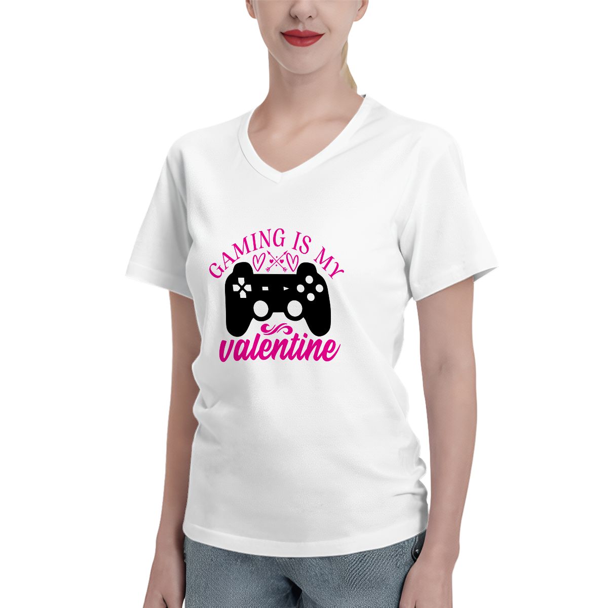 Gaming is my Valentine Cotton V-Neck T-Shirts for Women